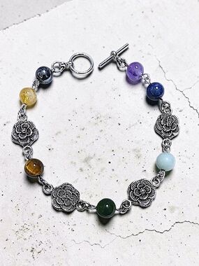 Hand Crafted Gemstone Chakra Multicolor Floral Link Beaded Bracelet Size 7.5"